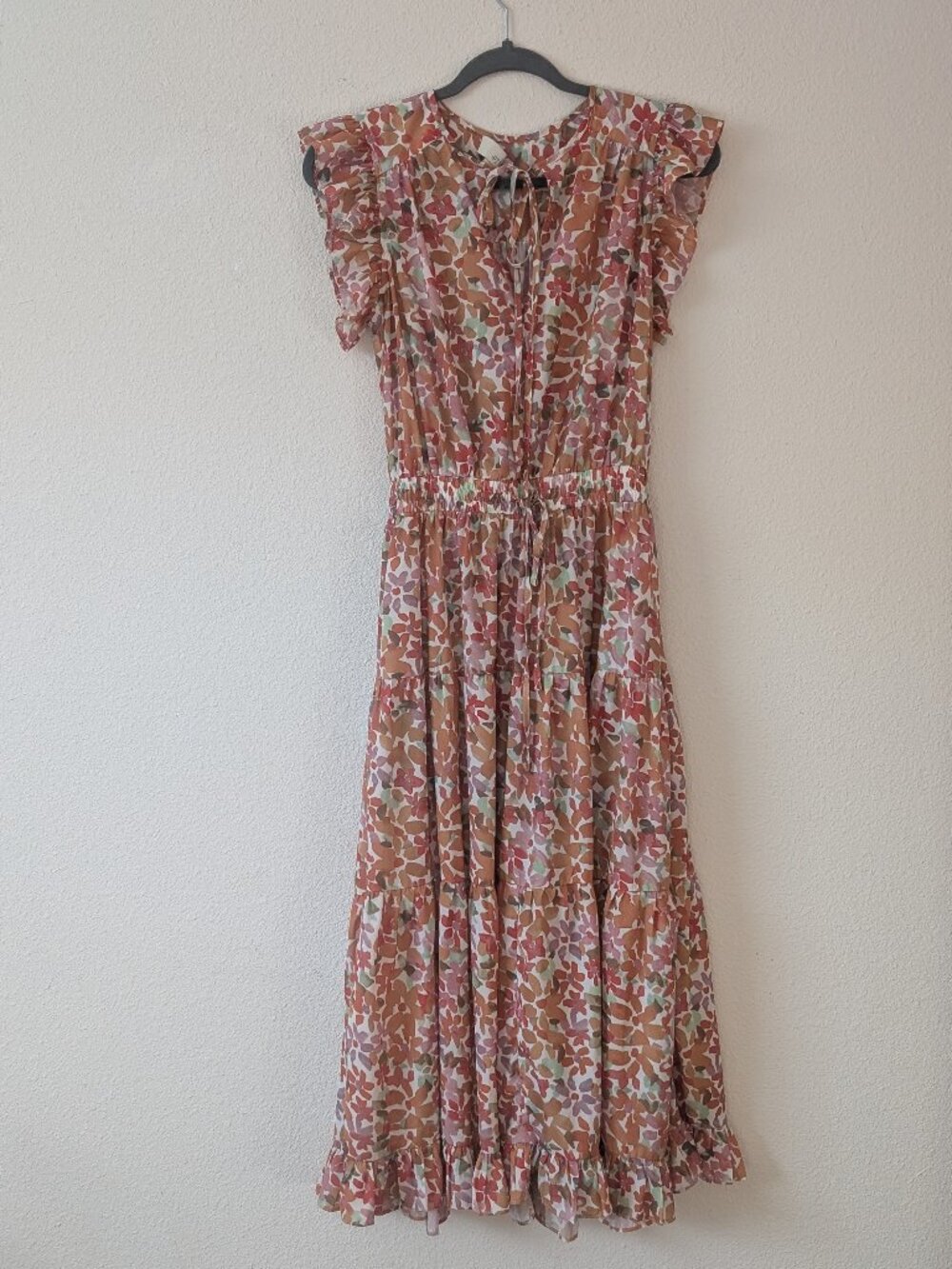PINCH Floral Tiered Midi Dress Flutter Sleeves Smocked Waist Size Small